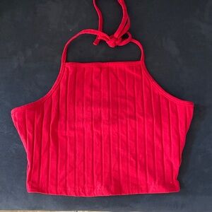 Cherry Red Halter Neck Ribbed Top